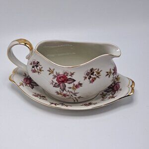 Occupied JAPAN MEITO NORLEANS Red Floral “Rosanne” Gravy Boat with Underplate
